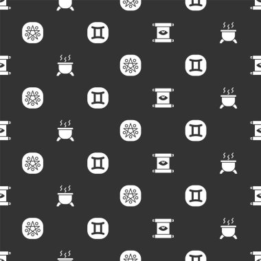 Eskiler 'in sihirli parşömenini, cadı kazanı, pentagram' ı daire içine alın ve Gemini burcunu kusursuz desene ayarlayın. Vektör