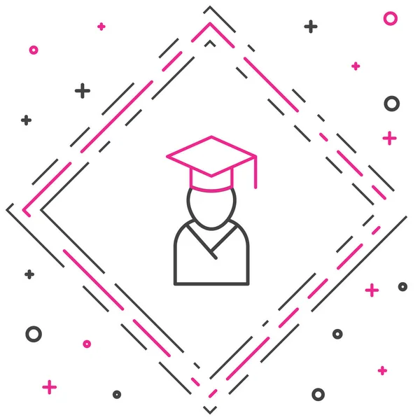 Linea Graduate e graduazione cap icona isolata su sfondo bianco. Concetto di contorno colorato. Vettore — Vettoriale Stock