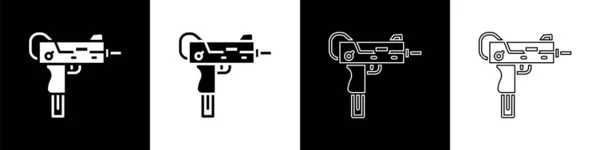 Defina o ícone da submetralhadora UZI isolado no fundo preto e branco. Arma automática. Vetor — Vetor de Stock