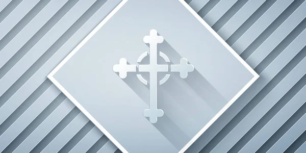 Paper cut Christian cross icon isolated on grey background. Church cross. Paper art style. Vector — Stock Vector