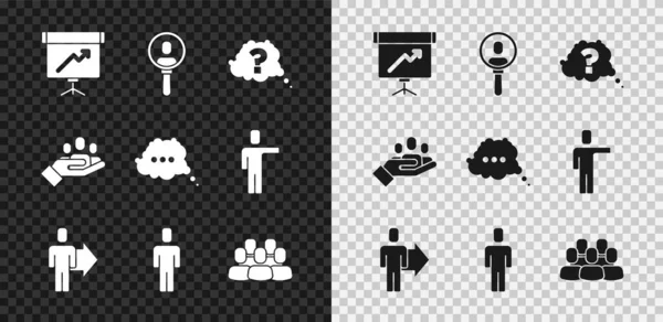 Set Tafel mit Diagramm, Personen suchen, Fragezeichen, Teamleiter, Leiter Jagd, Projektteam Basis, Hand für Suche und Sprechblase Chat-Symbol. Vektor — Stockvektor