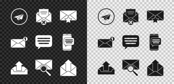 Set Papier vliegtuig, Verwijder enveloppe, Envelop met ster, Uploaden inbox, vergrootglas, uitgaande e-mail, en Speech bubble chat pictogram. Vector — Stockvector