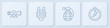 Keskin nişancı optik görüşü, el bombası, kurşun geçirmez yelek ve pusula. Beyaz kare düğme. Vektör.