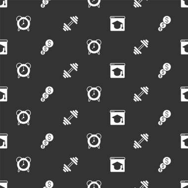 Çevrimiçi eğitim, finansal büyüme ve dolar, alarmlı saat ve Dumbbell 'ı kusursuz düzene sokun. Vektör