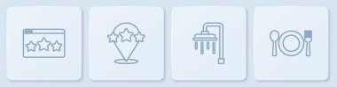 Sıra 5 yıldızlı değerlendirme, duş, tabak, çatal ve bıçak. Beyaz kare düğme. Vektör