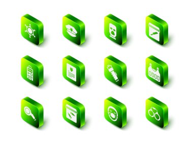 Polis şapkasını papağan, kar maskesi, kanıt çantası bıçağı, kurşun geçirmez yelek, kelepçe, elektrik şoku, doktor patolog ve kurşun ikonu ile ayarla. Vektör