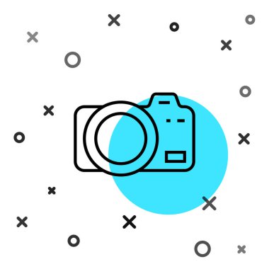 Siyah çizgi fotoğraf makinesi simgesi beyaz arkaplanda izole edildi. Foto kamera. Dijital fotoğrafçılık. Rastgele dinamik şekiller. Vektör.