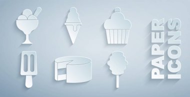 Pasta, dondurma, pamuk şeker, waffle külahında ve kase ikonunda. Vektör