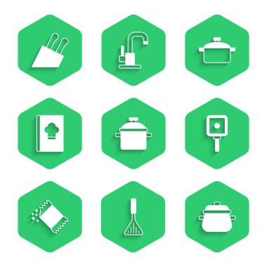 Pişirme kabı, barbekü spatulası, kızartma tavası, biber paketi, yemek kitabı ve bıçak ikonu. Vektör