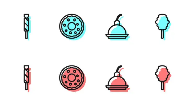 Set Line Cherry Cheesecake Candy Donut Cotton Candy Icon Vector — Stock Vector