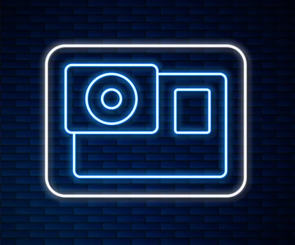 Glowing Neon Line Action Extreme Camera Icon Isolated Brick Wall — Stock Vector