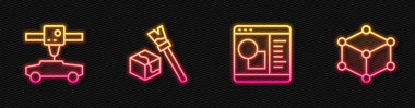 Satır 3 boyutlu yazıcı yazılımı, araba, Isometric küp ve. Parlayan neon ikonu. Vektör