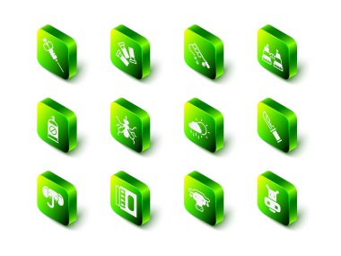 Kartuş, olta, dürbün, avcı bıçağı, su aygırı ya da su aygırı yağmurlu bulut, Afrika bufalosu kafası, kibrit kutusu ve kibrit ikonu. Vektör