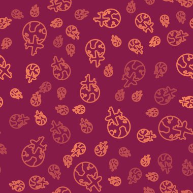 Kahverengi çizgi Globe 'un uçan uçak ikonu kırmızı arka planda izole edilmiş. Uçak Dünya 'nın etrafında uçuyor. Uçak dünyası ikonu. Vektör.