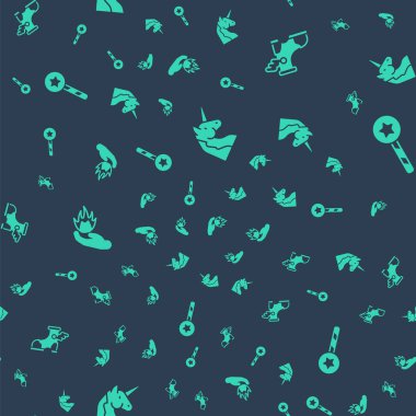 Unicorn 'u, Hermes' i, El 'i ateşe ver ve sihirli değneği kusursuz desende tut. Vektör