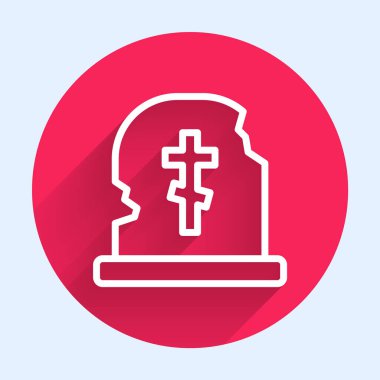 Mezar taşı sembollü beyaz çizgi uzun gölgeli. Kırmızı daire düğmesi. Vektör.