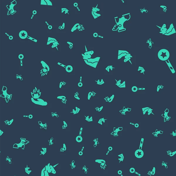 Unicorn 'u, Hermes' i, El 'i ateşe ver ve sihirli değneği kusursuz desende tut. Vektör