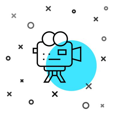 Siyah çizgi Retro sinema kamera ikonu beyaz arkaplanda izole edildi. Video kamera. Film tabelası. Film projektörü. Rastgele dinamik şekiller. Vektör.