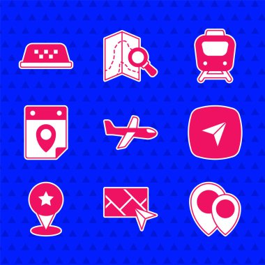 Uçak, şehir haritası navigasyon, konum, şehir bilgisi, yıldız haritası, seyahat planlama takvimi, tren ve taksi araba çatı simgesi. Vektör