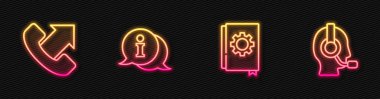 Hat Kullanıcı Kılavuzunu, Telefon 24 saat desteği, Bilgi ve Kulaklıklı Adam 'ı ayarla. Parlayan neon ikonu. Vektör