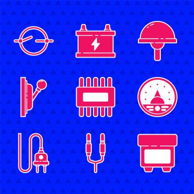 İşlemciyi işlemci ile ayarla, İşlemci, Ses Jack, Fuse, Ampere metre, multimetre, voltmetre, Elektrik prizi, Elektrik paneli, Işık yayan diyot ve şema simgesi. Vektör