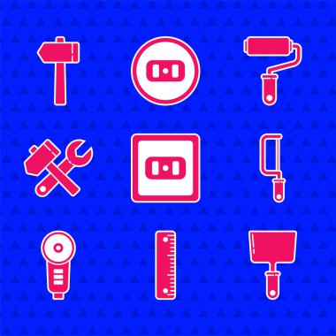 Elektrik prizi, cetvel, macun bıçağı, testere, açılı öğütücü, çekiç ve anahtar anahtarı, boya fırçası ve ikon ayarlayın. Vektör