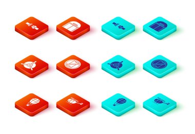 Sıcak hava balonu, helikopter, uçak pervanesi, cep telefonu yok, uçak hangarı ve emniyet kemeri ikonu. Vektör