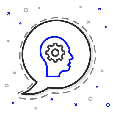 Beyaz arka planda izole edilmiş ikon içerisindeki dişli çizgi insan kafası. Yapay zeka. Düşünen beyin. Beynin sembol çalışması. Renkli taslak konsepti. Vektör