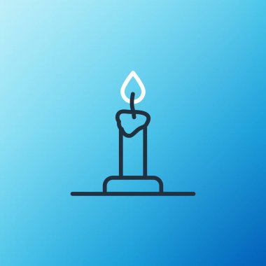Mum yakma simgesi mavi arkaplanda izole edildi. Silindirik mum çubuğu ve yanan ateş. Renkli taslak konsepti. Vektör