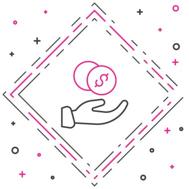 Beyaz arka planda para ikonu olan çizgi bağışı eli. Bağış sembolü olarak el ile para verin. Para ve bağış konsepti. Renkli taslak konsepti. Vektör