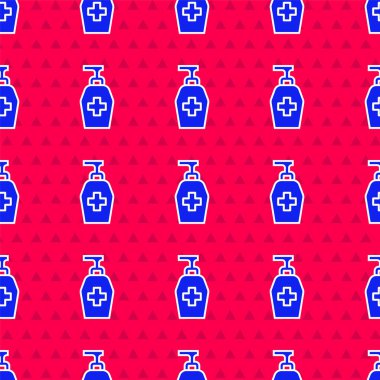 Mavi şişe anti bakteriyel sabun. Kırmızı arkaplanda izole edilmiş ikon var. Antiseptik. Dezenfeksiyon, hijyen, cilt bakımı. Vektör