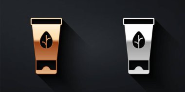 Altın ve gümüş organik kozmetik ikonu, altın ve gümüş arkaplanı izole etti. Vücut bakım ürünleri. Uzun gölge tarzı. Vektör