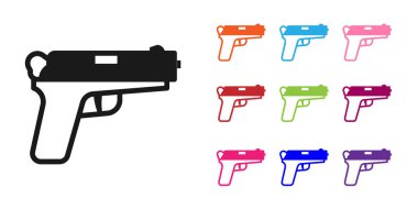 Beyaz arka planda siyah tabanca ya da silah ikonu var. Polis ya da askeri silah. Küçük ateşli silah. Simgeleri renklendirin. Vektör