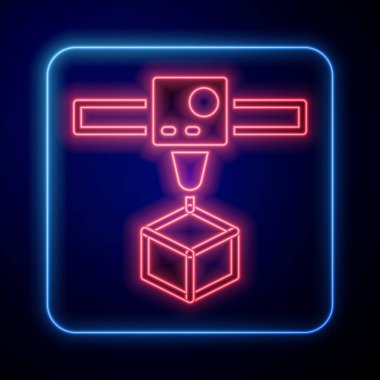 Parlayan neon 3D yazıcı küp simgesi siyah arkaplanda izole edildi. 3D baskı. Vektör