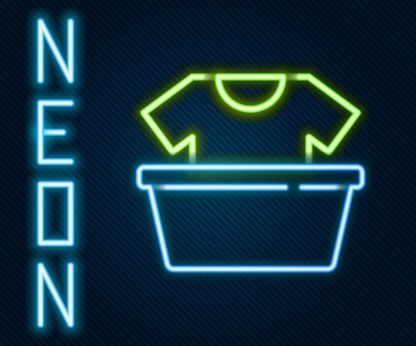Leuchtendes neonfarbenes Plastikbecken mit Hemdsymbol auf schwarzem Hintergrund. Schüssel mit Wasser vorhanden. Wäsche waschen, Ausrüstung reinigen. Buntes Rahmenkonzept. Vektor — Stockvektor