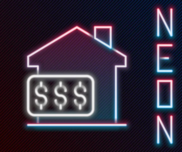Gloeiende neon lijn Huis met dollarsymbool pictogram geïsoleerd op zwarte achtergrond. Thuis en geld. Onroerend goed concept. Kleurrijk concept. Vector — Stockvector
