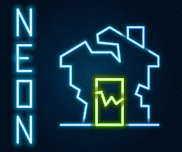 Glowing neon line Ruined house icon isolated on black background. Broken house. Derelict home. Abandoned home. Colorful outline concept. Vector — Stock Vector