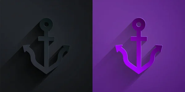 Papiergeschnittenes Anker-Symbol isoliert auf schwarzem auf violettem Hintergrund. Papierkunst. Vektor — Stockvektor