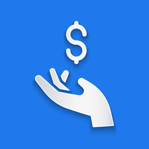 Cięcie papieru Ręczne trzymanie ikony pieniędzy na niebieskim tle. Symbol dolara lub USD. Znak waluty Cash Banking. Papier w stylu sztuki. Wektor — Wektor stockowy