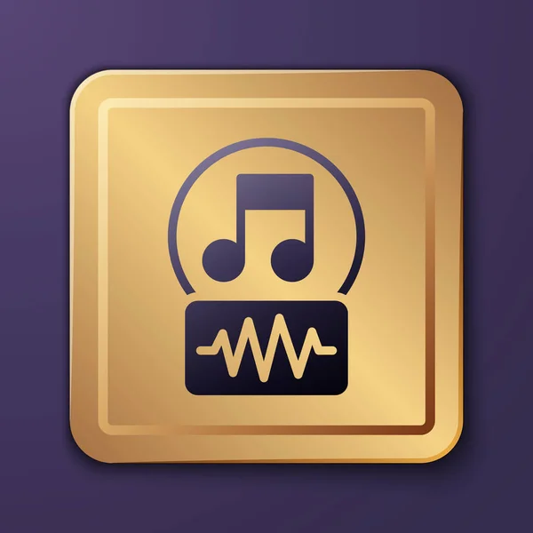 Purple Music note, tone icon isolated on purple background. Gold square button. Vector — Stock Vector