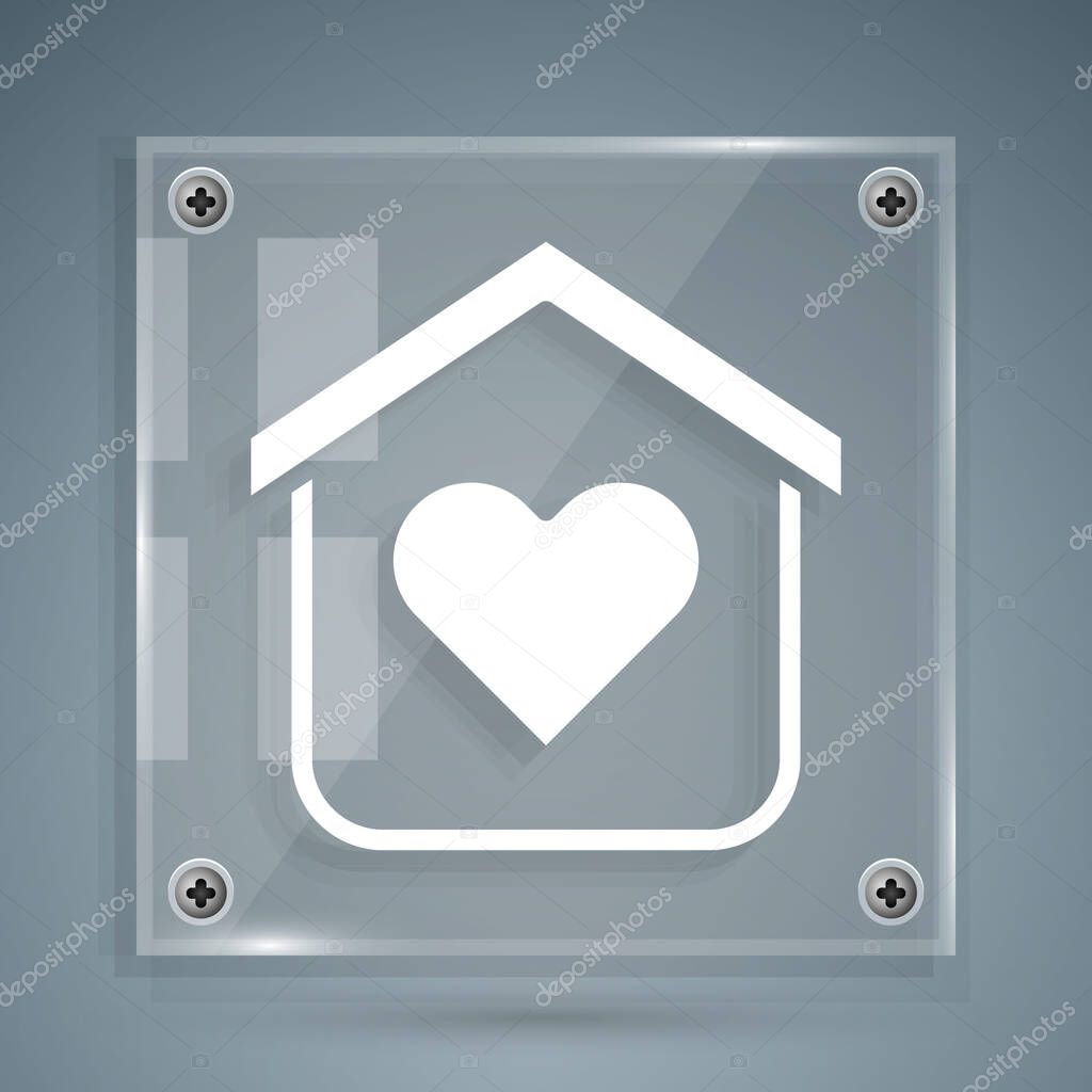 White Shelter for homeless icon isolated on grey background. Emergency housing, temporary residence for people, bums and beggars without home. Square glass panels. Vector.