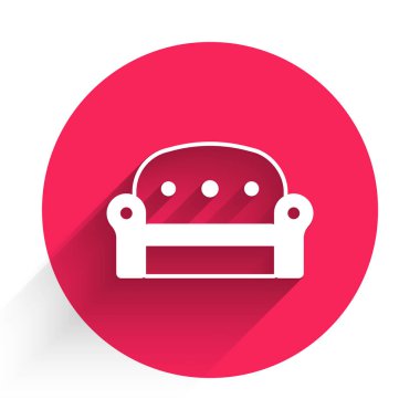 Beyaz Koltuk simgesi uzun gölge arkaplanı ile izole edildi. Kırmızı daire düğmesi. Vektör