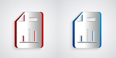 Gri arkaplanda grafik çizelgesi simgesi olan kağıt kesiği belgesi. Metin dosya simgesini rapor et. Muhasebe tabelası. Denetim, analiz, planlama. Kağıt sanatı tarzı. Vektör