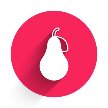 Beyaz Armut simgesi uzun gölge arkaplanı ile izole edildi. Yaprak sembollü meyve. Kırmızı daire düğmesi. Vektör