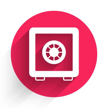 Beyaz Kasa simgesi uzun gölge arkaplanı ile izole edildi. Kapı, şifreli bir banka kasası. Güvenilir Veri Koruma. Kırmızı daire düğmesi. Vektör