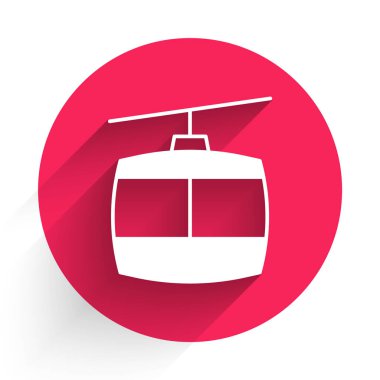 Beyaz Kablo araba simgesi uzun gölge arkaplan izole. Füniküler işaret. Kırmızı daire düğmesi. Vektör