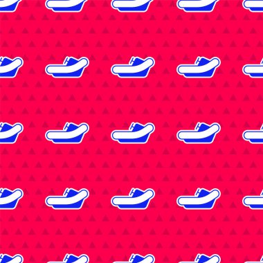 Mavi Rafting teknesi simgesi kırmızı zeminde izole edilmiş. Kürekleri olan şişme bir tekne. Su sporları, ekstrem sporlar, tatil, tatil. Vektör