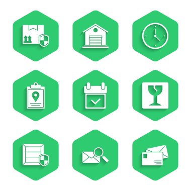 Takvimi işaretli, Zarf büyüteci, Kırık Kırık, Teslimat paketi güvenlik kalkanı, Belge izleme işaretleme sistemi, Hızlı dağıtım ve simge ile ayarla. Vektör