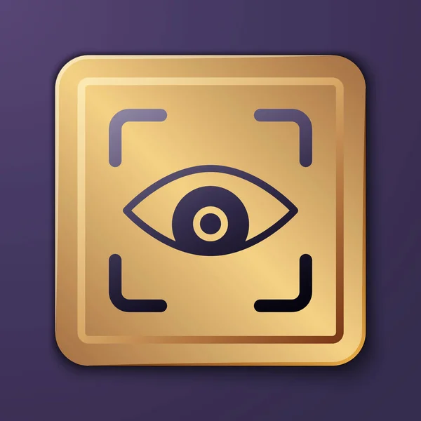 Purple Eye scan icoon geïsoleerd op paarse achtergrond. Ik scan het oog. Veiligheidscontrole symbool. Cyberoogteken. Gouden vierkante knop. Vector — Stockvector