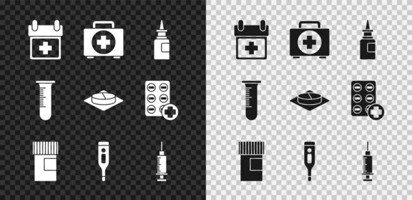 集医生预约、急救箱、瓶鼻喷雾器、药瓶、医疗数字温度计、注射器、试管、瓶和药丸图标为一体。B.病媒 — 图库矢量图片